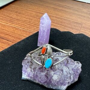 Jane Popovich Vintage Native American Sterling, Turquoise, Coral Cuff Bracelet